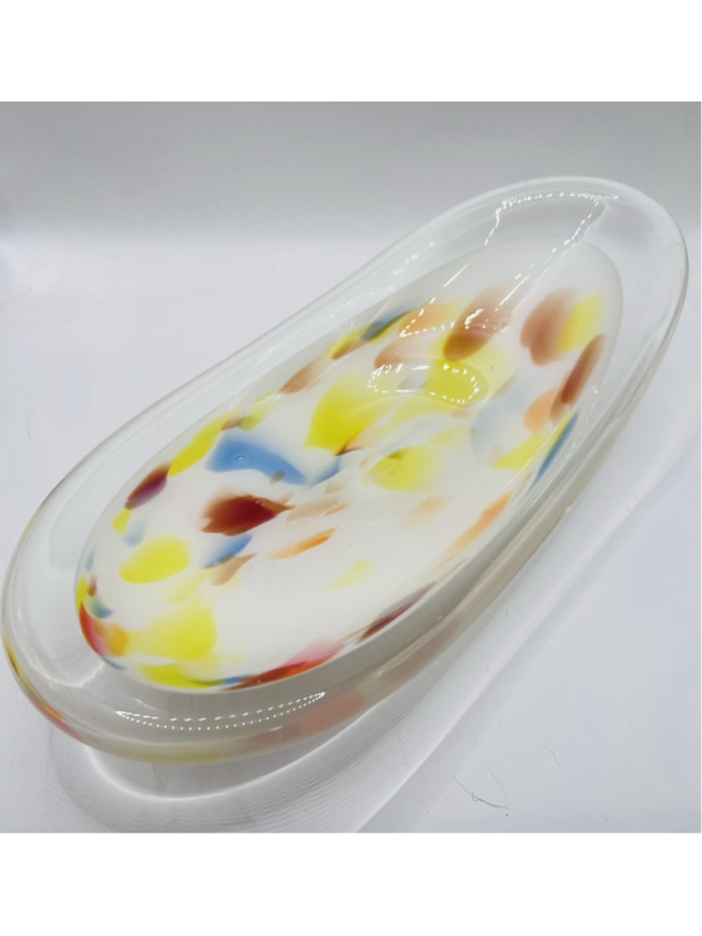 Vintage Murano Style Confetti Curved Glass Dish 11.5” Oblong MCM Spatter